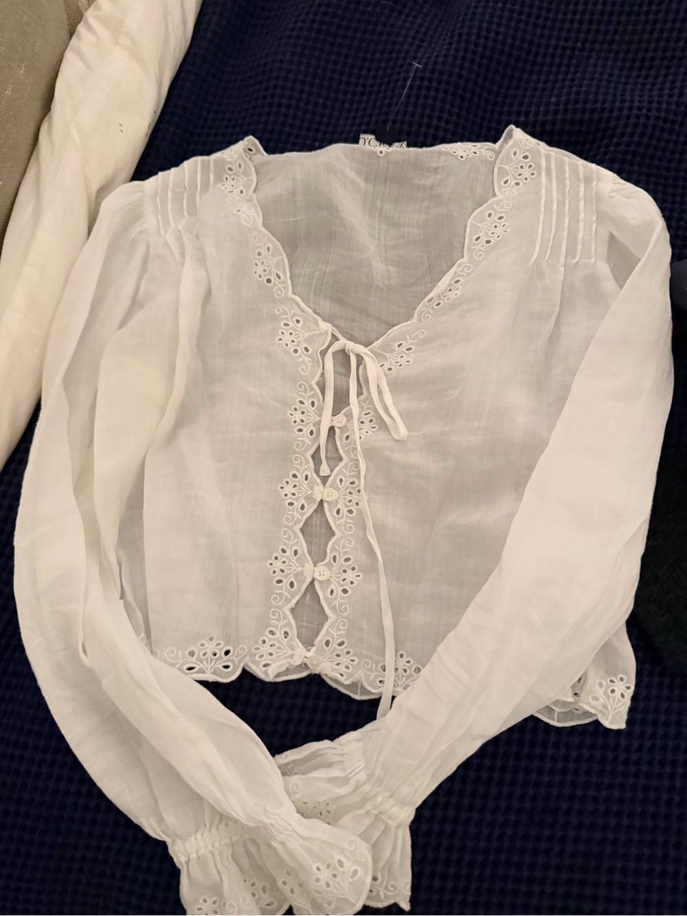 J. Crew White Eyelet Tie-Front Peasant Blouse